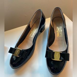 Salvatore Ferragamo Vara 1 Black Patent Leather, block heel,  9B w. sole protect